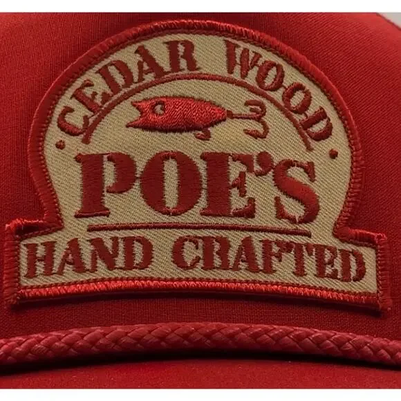Vintage 90s Poes Fishing Lure Rope Patch Cap Logo Mesh Foam Snapback Trucker Hat - Picture 2 of 8